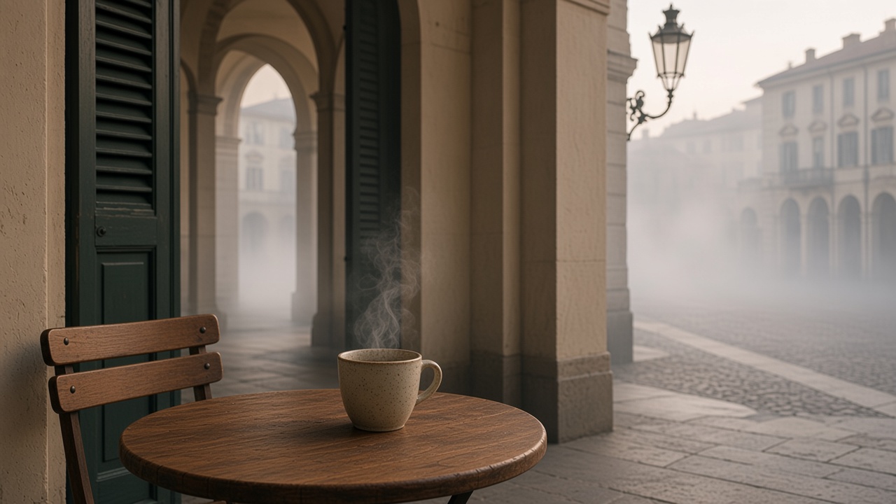 Portici di Torino in una mattina di nebbia, con una tazza di infuso fumante