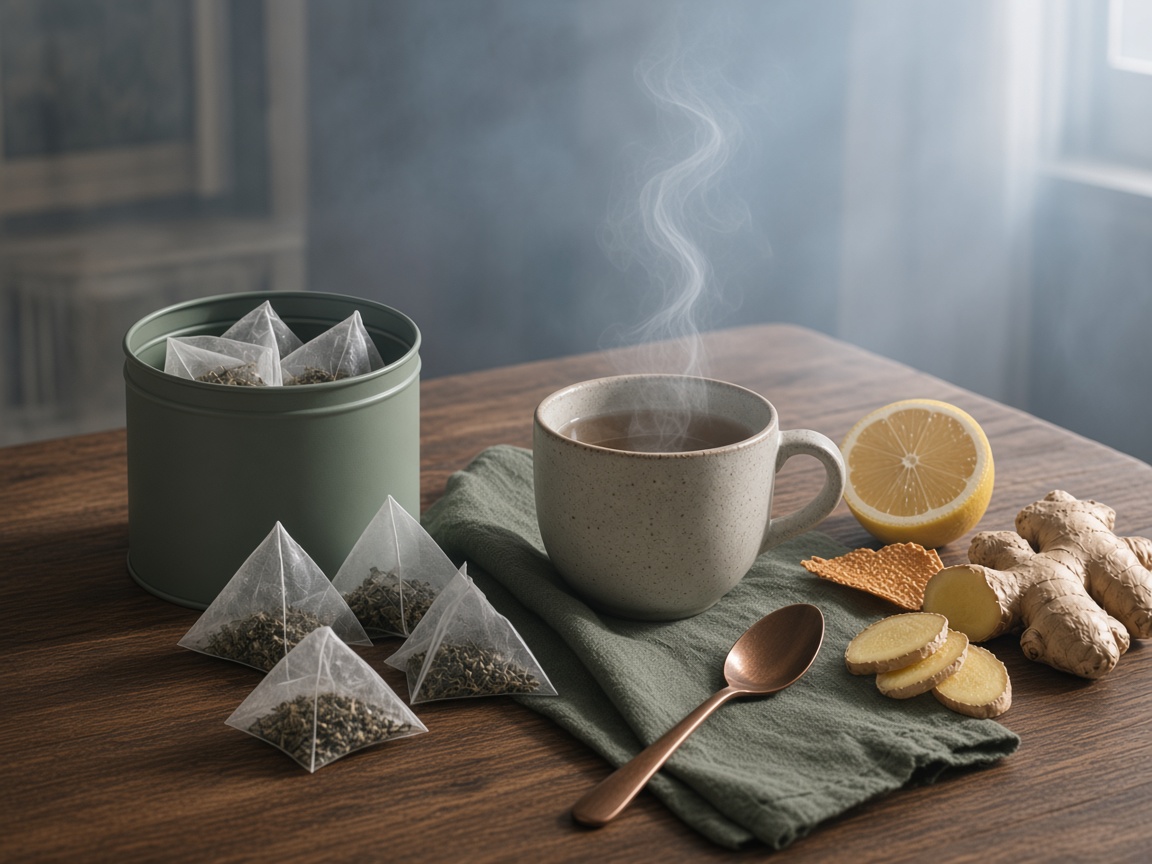 Infuso di limone e zenzero accanto a una tazza fumante