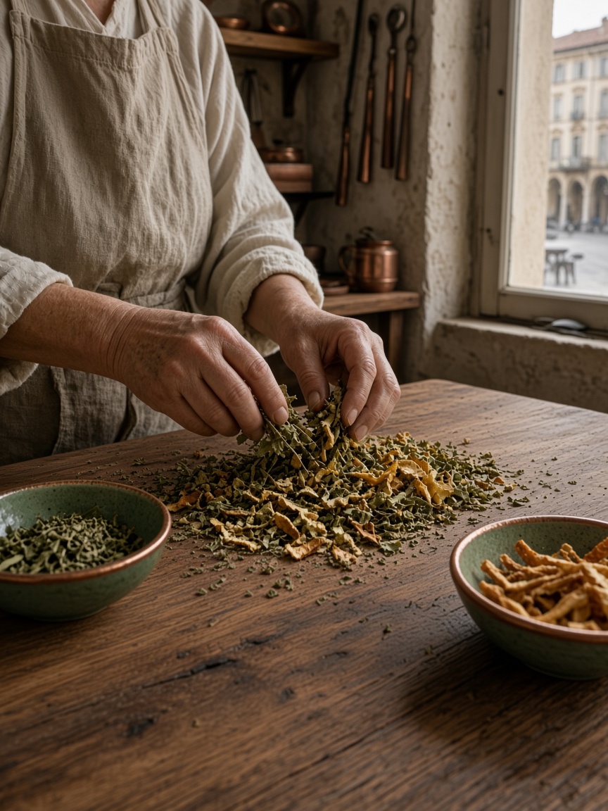 Mani che preparano scorza di agrumi ed erbe secche su un tavolo di legno